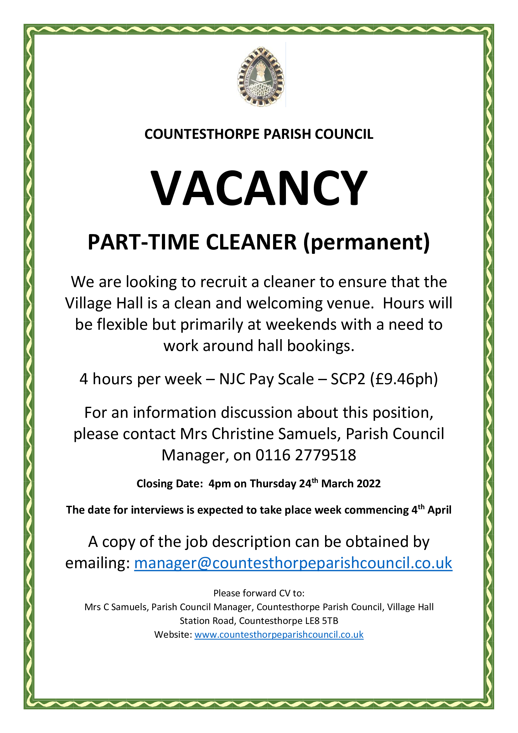 Vacancy for Village Hall Cleaner
